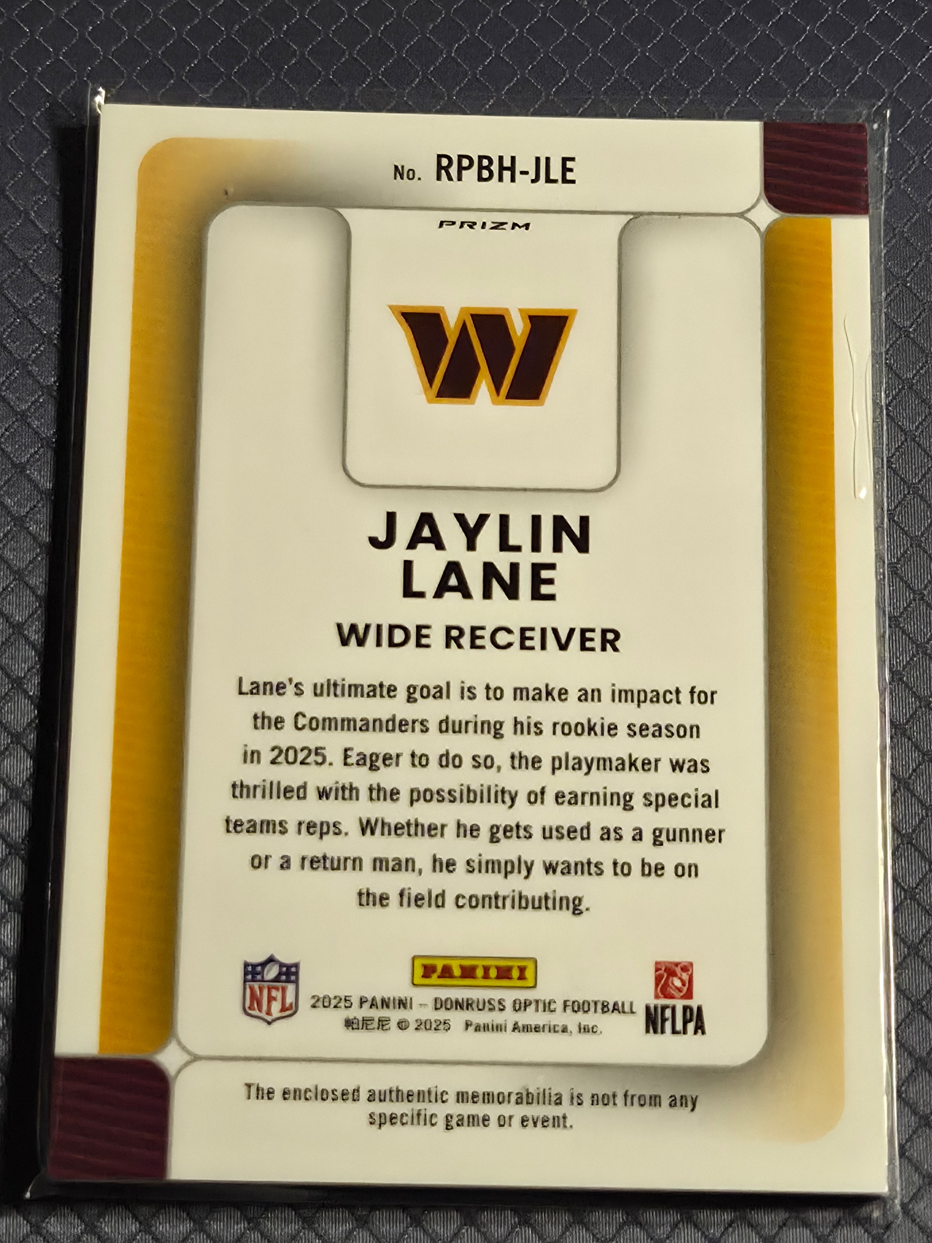 2025 Panini Optic Jaylin Lane RPBH-JLE Rookie Patch