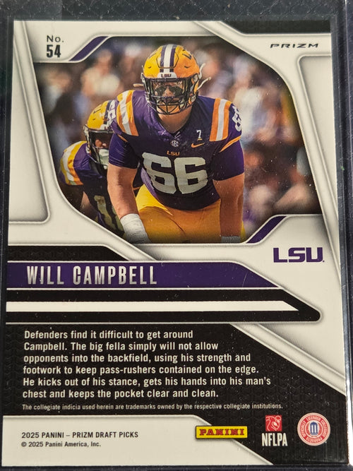 2025 Panini Prizm Draft Picks #54 Will Campbell Purple Wave