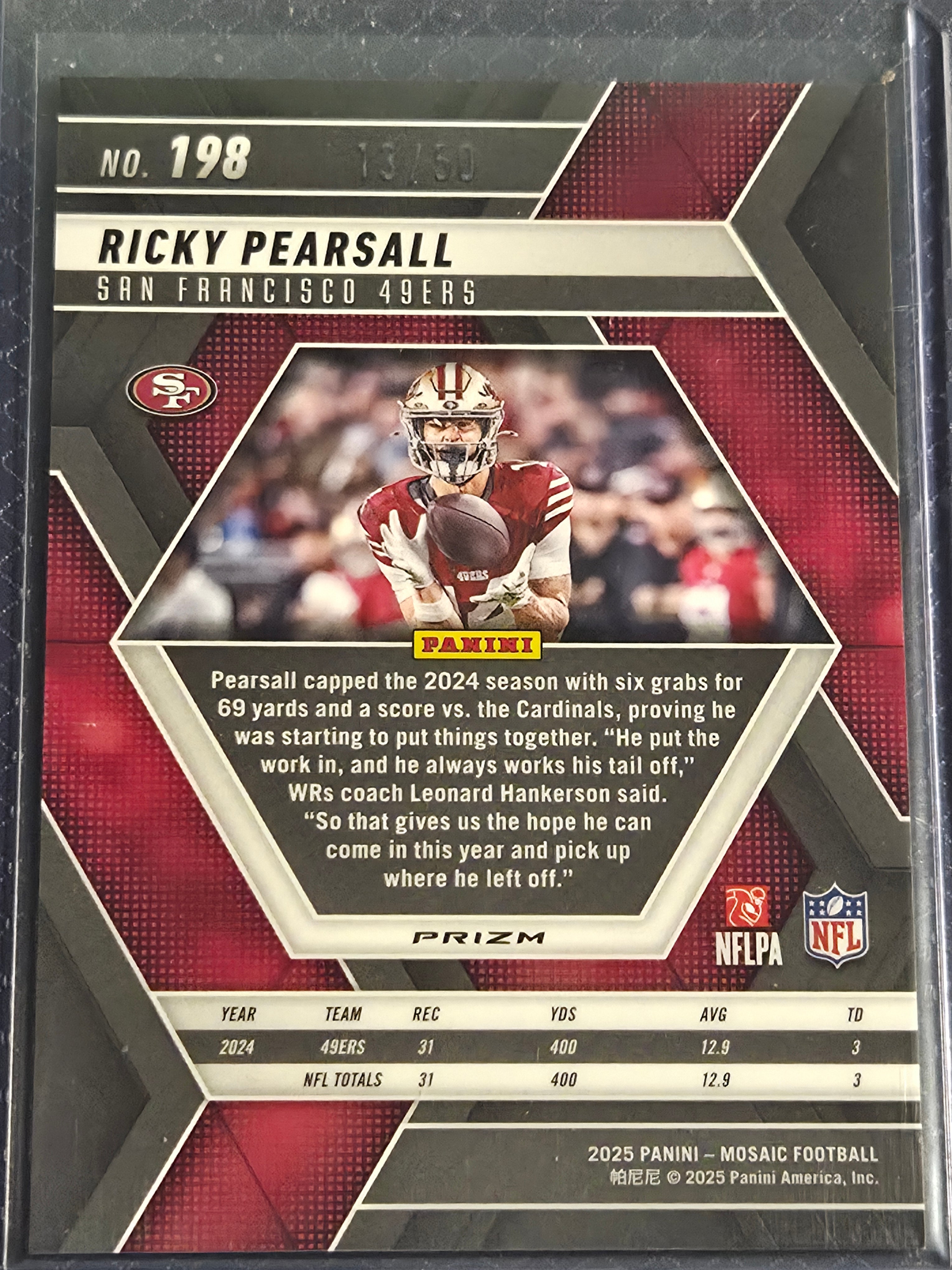 2025 Panini Mosaic Ricky Pearsall #198 13/50 Purple No Huddle