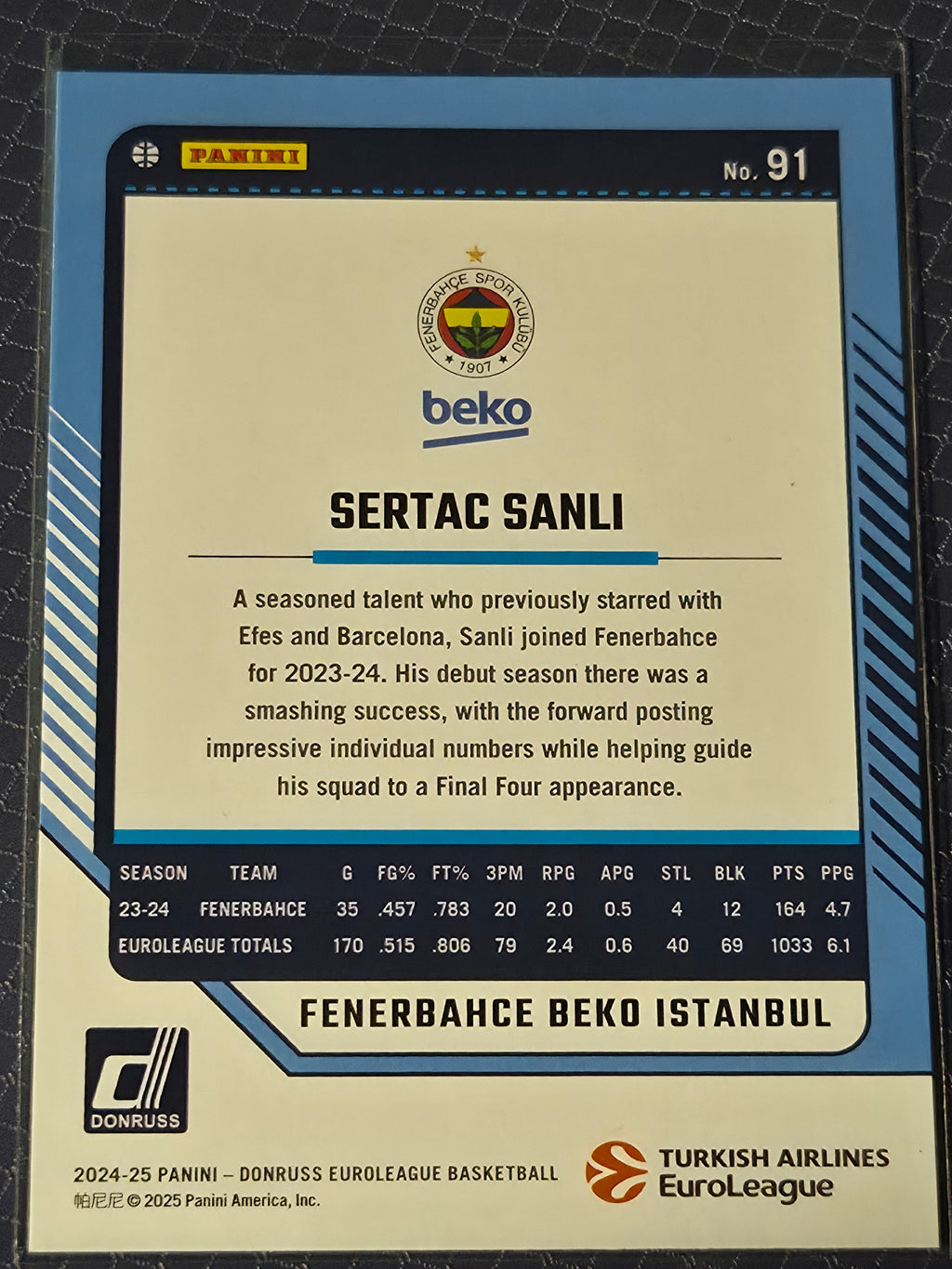2024-25 Donruss Euroleague - Sertac Sanli #91 Yellow Border