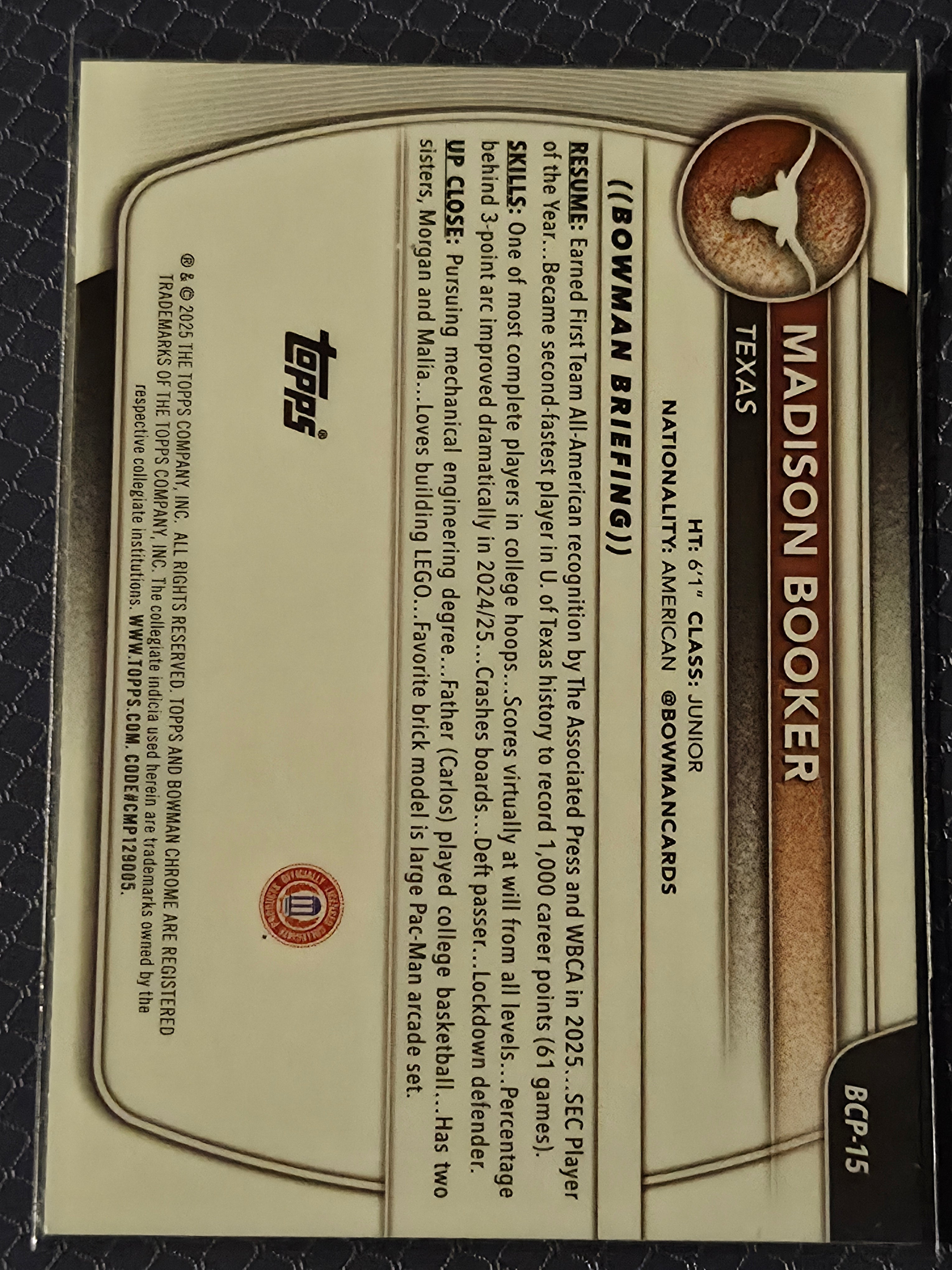Madison Booker #BCP-15 2025/26 Bowman Chrome Prospects Mojo Refractor RC