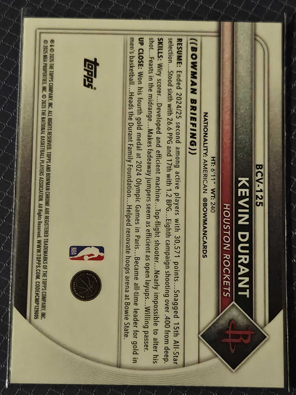 Kevin Durant #BCV-125 2025/26 Bowman Chrome Mojo Refractor