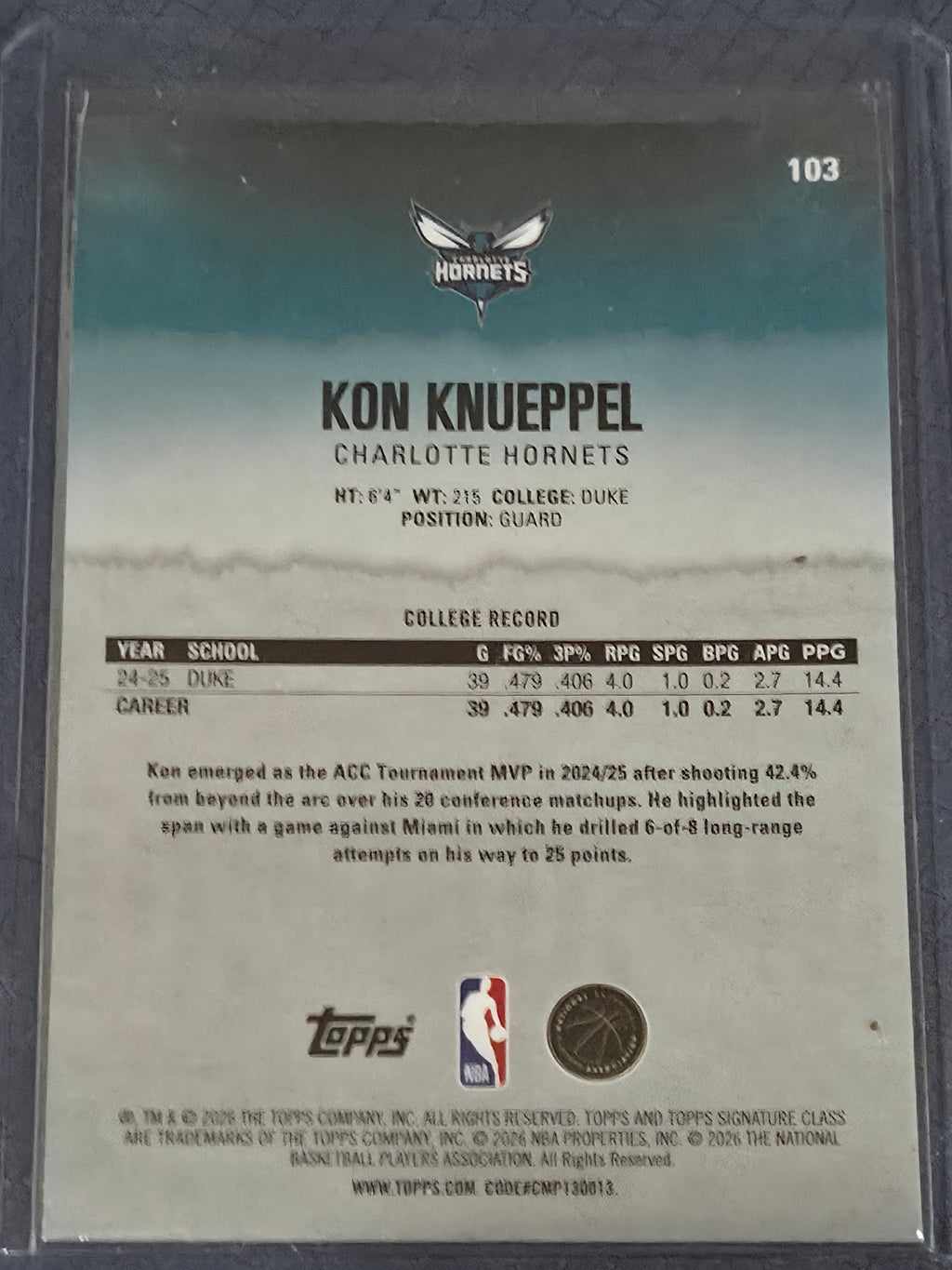 Kon Knueppel #103 2025/26 Topps Signature Class Chrome RC
