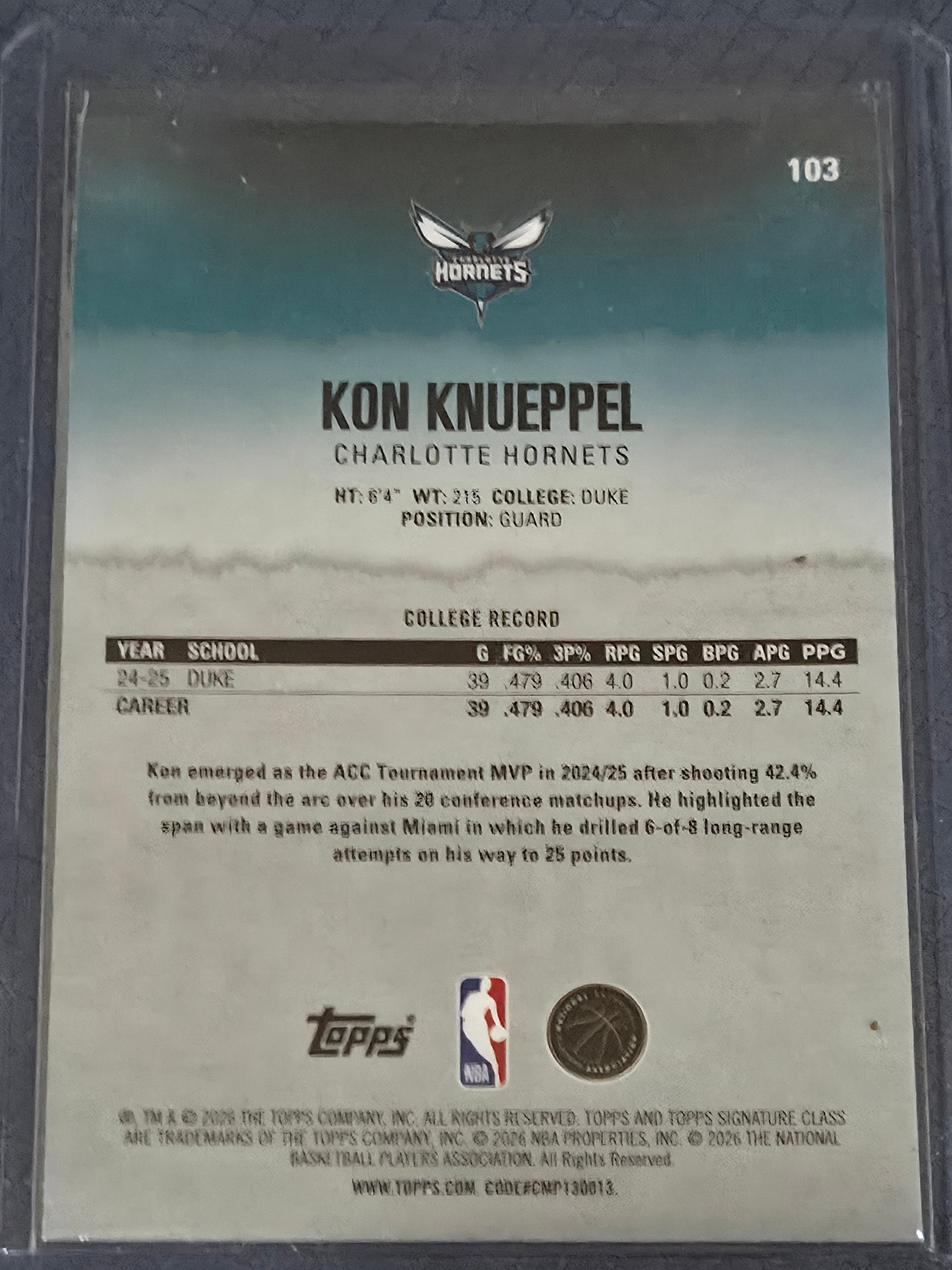 Kon Knueppel #103 2025/26 Topps Signature Class Chrome RC