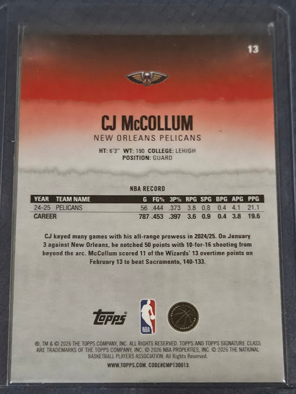 CJ McCollum #13 2025/26 Topps Signature Class Pandora