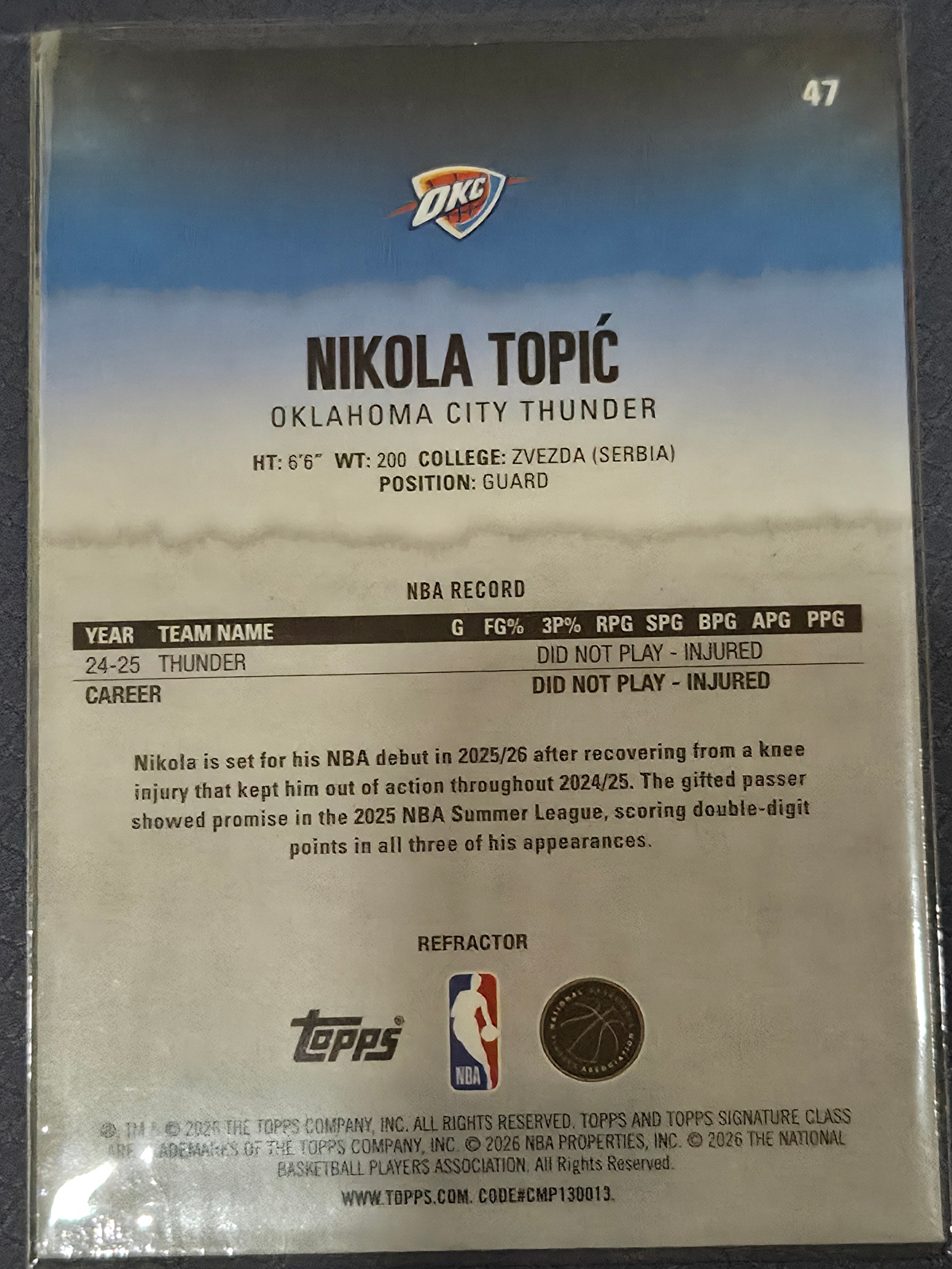 Nikola Topic #47 2025/26 Topps Signature Class Refractor
