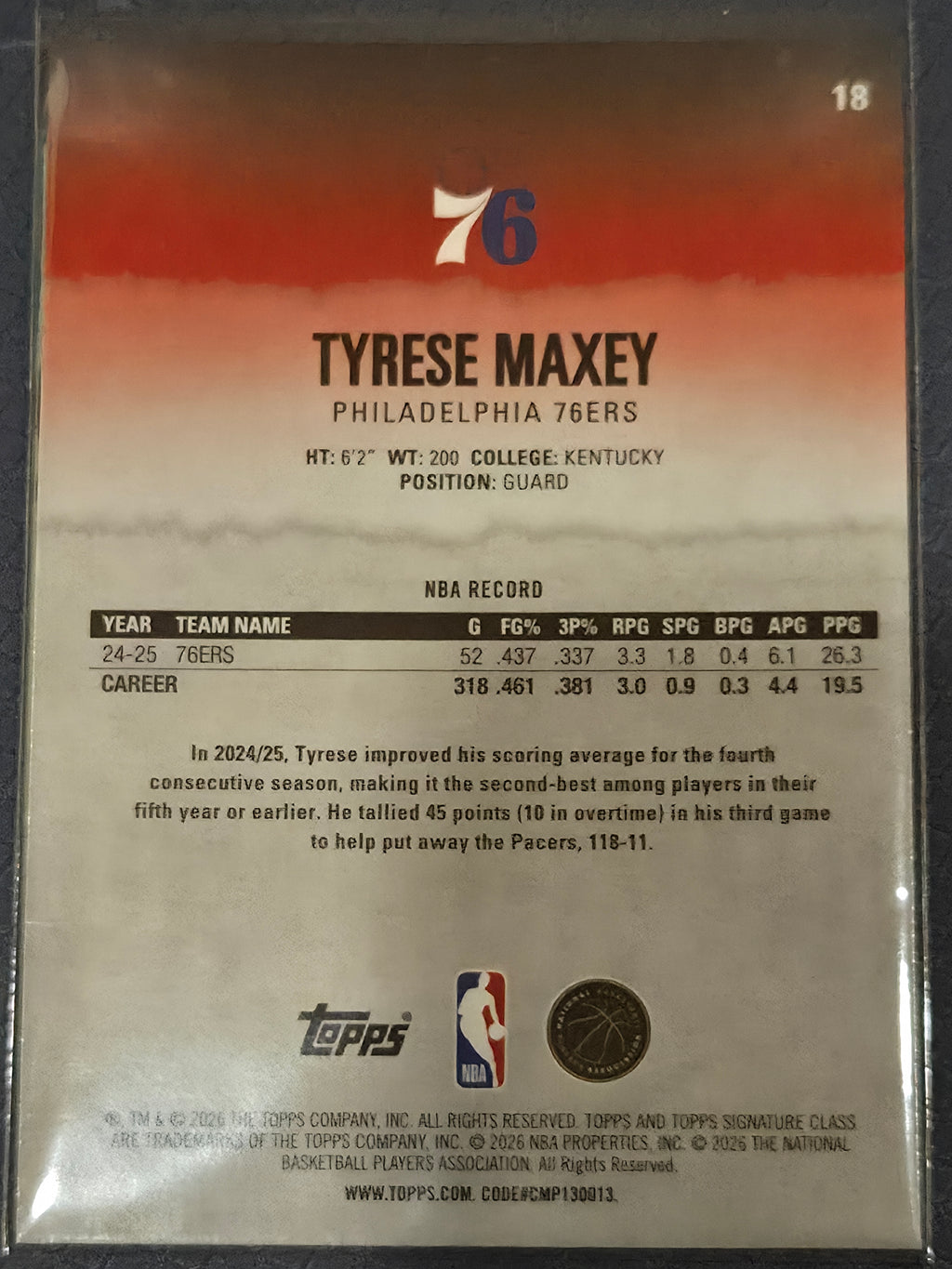 Tyrese Maxey #18 2025/26 Topps Signature Class Pandora