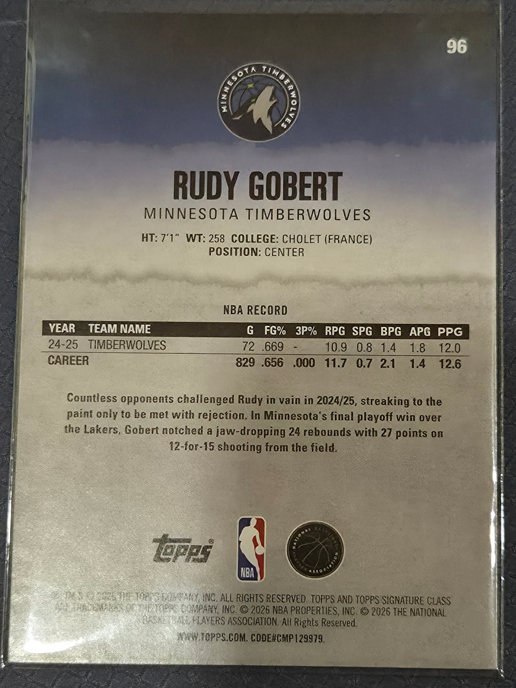 Rudy Gobert #96 2025/26 Topps Signature Class Bronze