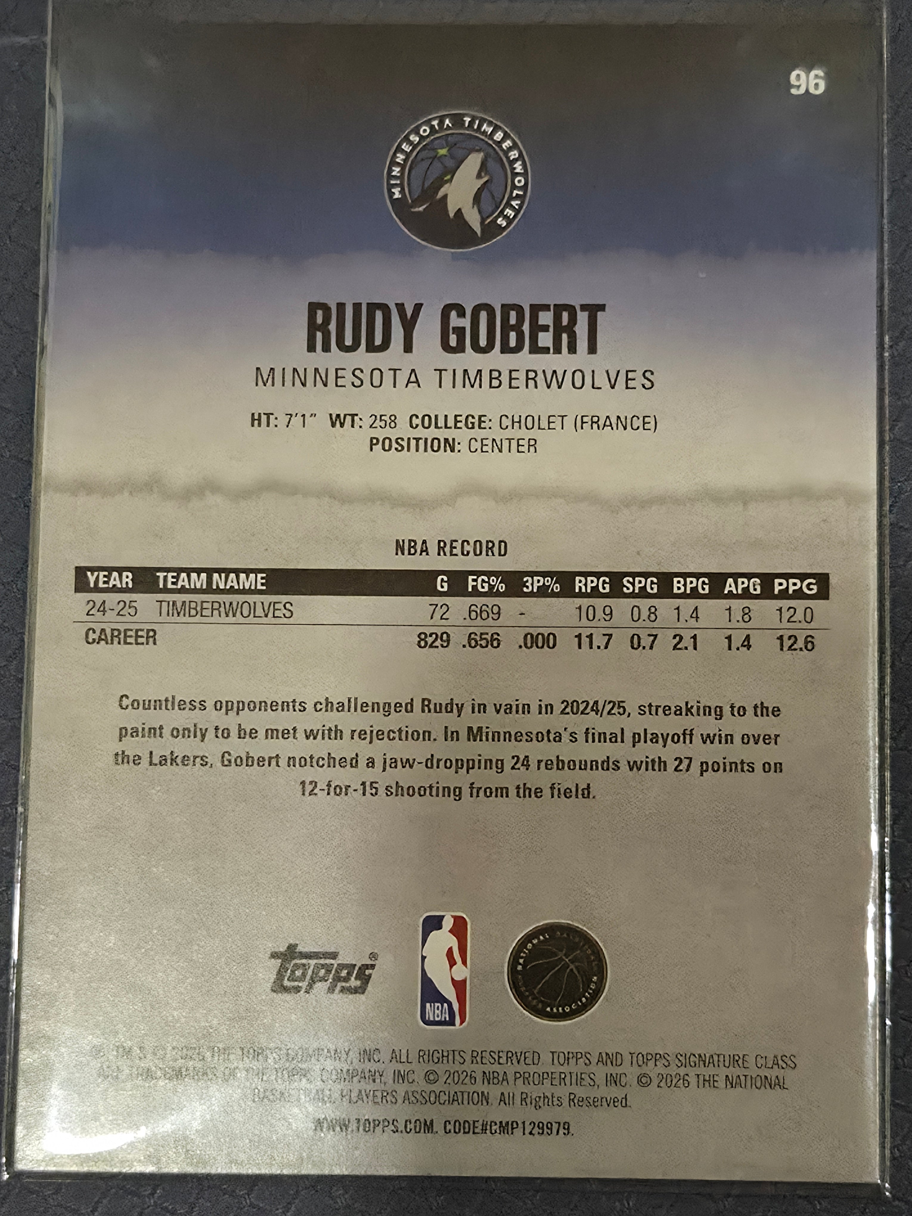 Rudy Gobert #96 2025/26 Topps Signature Class Bronze