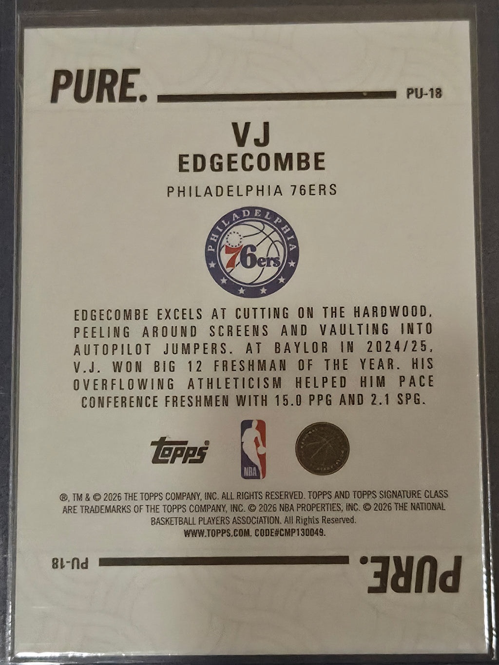 VJ Edgecombe #PU-18 2025/26 Topps Signature Class Pure