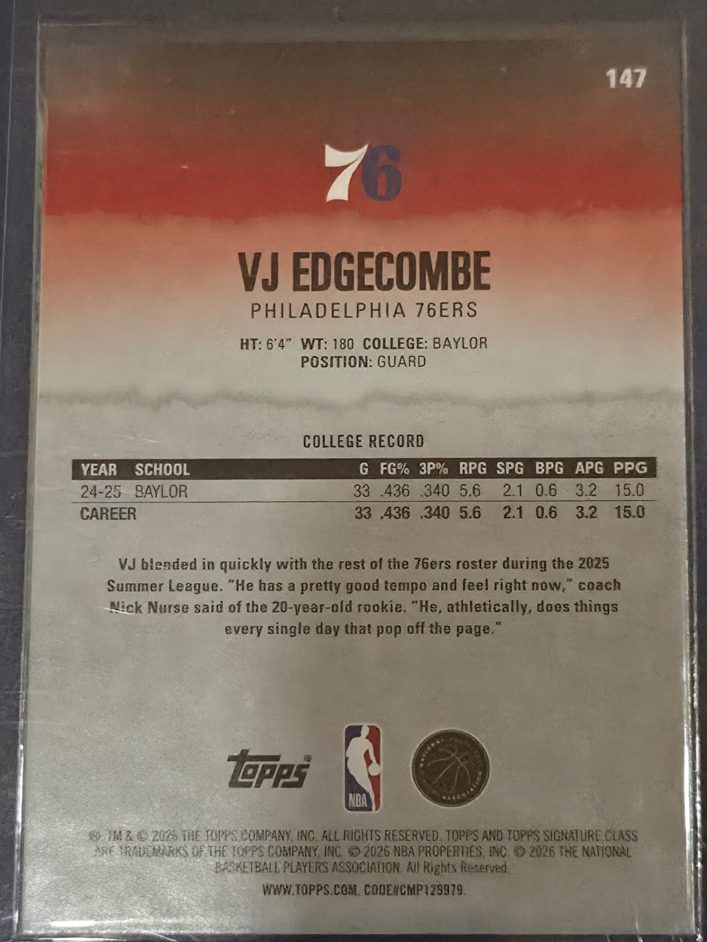 VJ Edgecombe #147 2025/26 Topps Signature Class Bronze