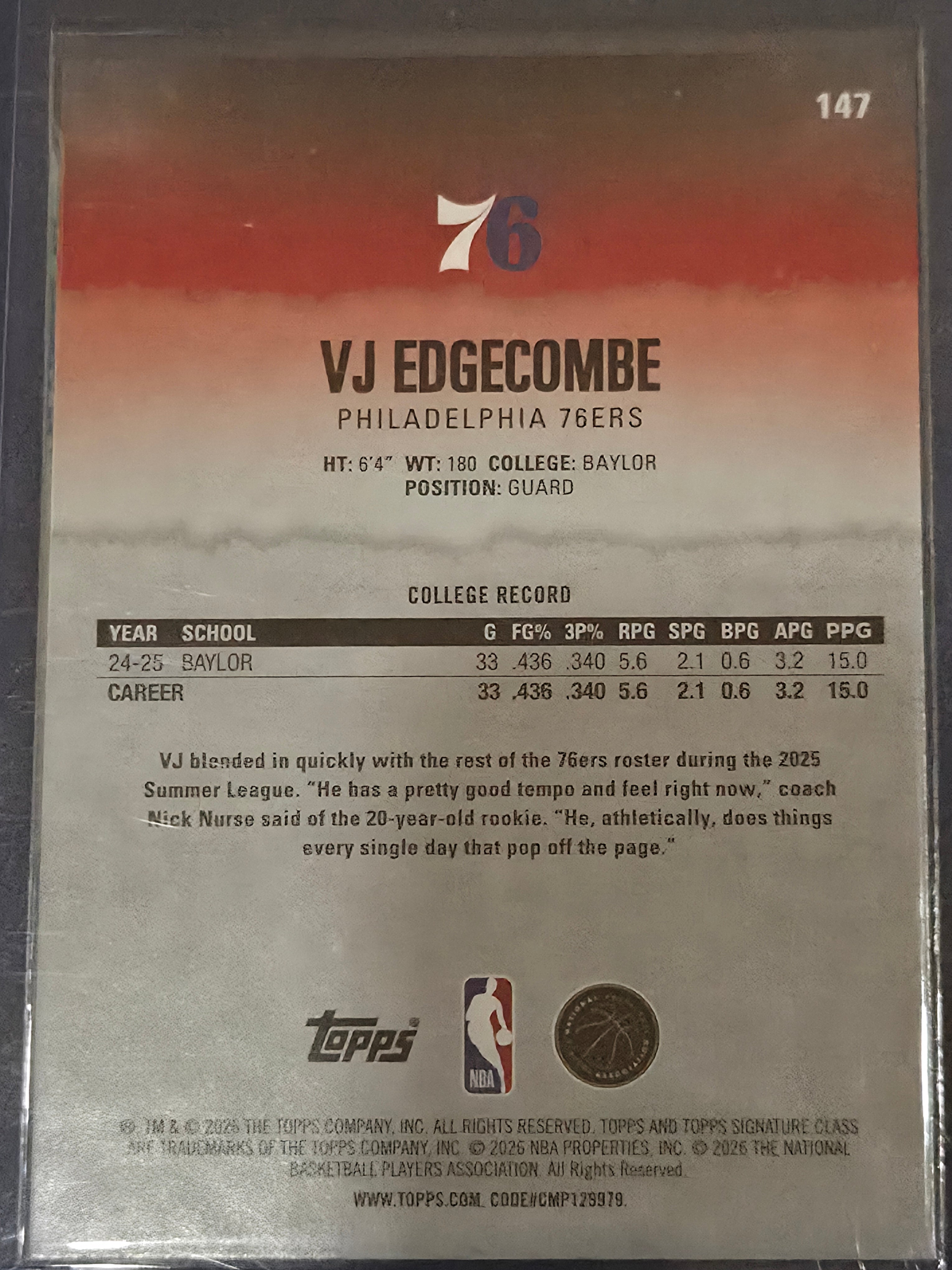 VJ Edgecombe #147 2025/26 Topps Signature Class Bronze