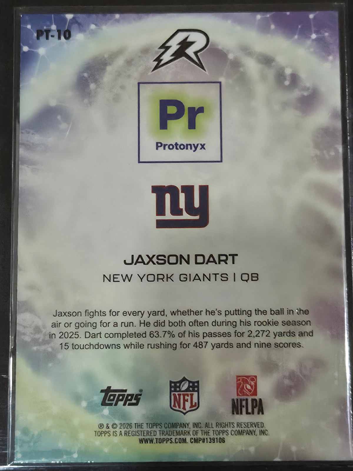 Jaxson Dart New York Giants 2025 Topps Resurgence Protonyx Crimson Surge RC /199 #PT-10