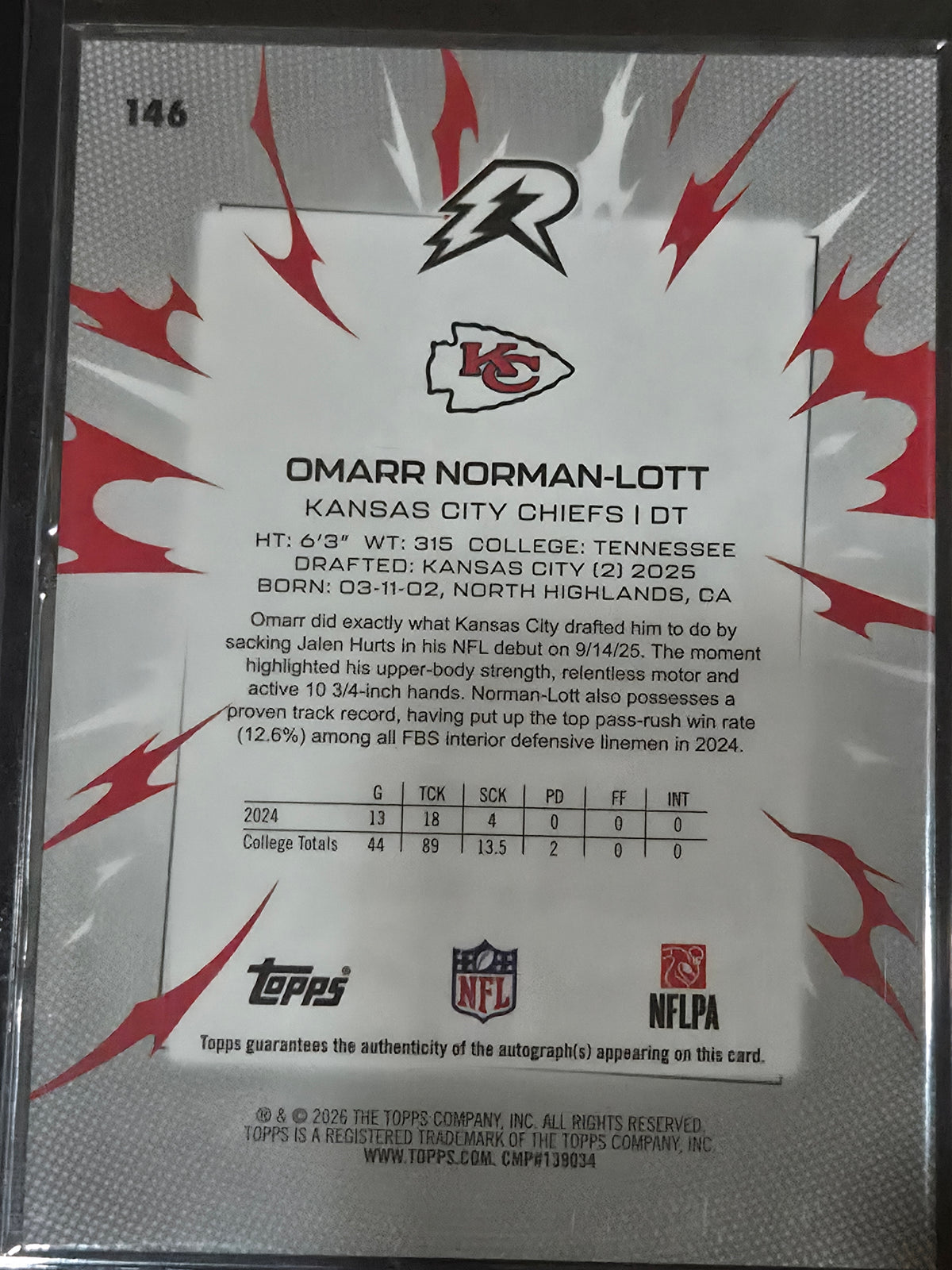Omarr Norman-Lott Kansas City Chiefs 2025 Topps Resurgence Rookie AUTO /299 NFL Magenta
