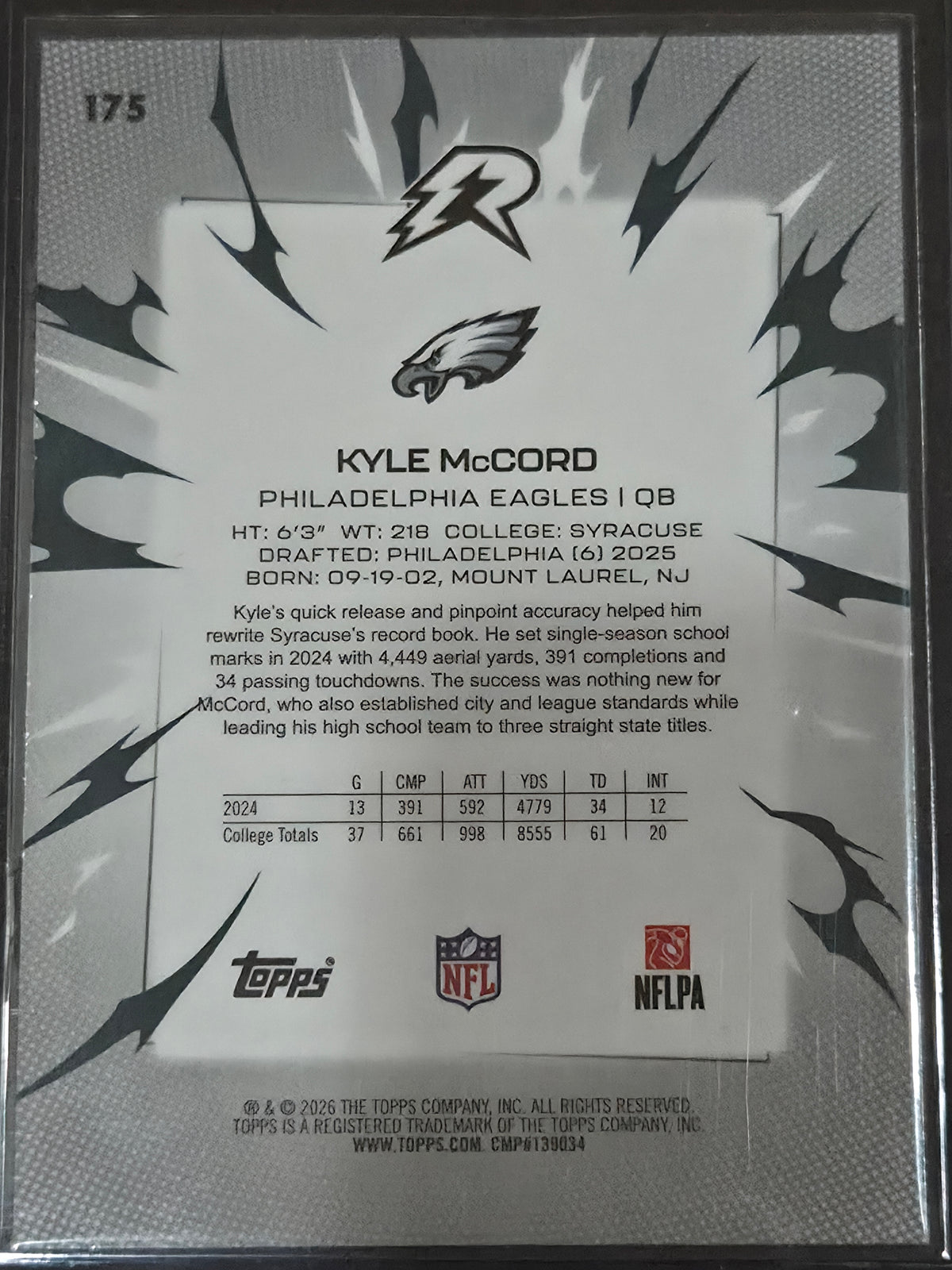 Kyle McCord Philadelphia Eagles 2026 Topps Resurgence RC Navy Surge /275 #175