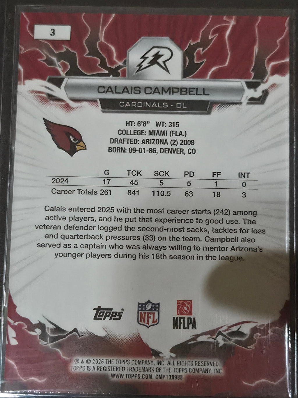 Calais Campbell Arizona Cardinals 2025 Topps Resurgence #3 SP Navy Surge /275