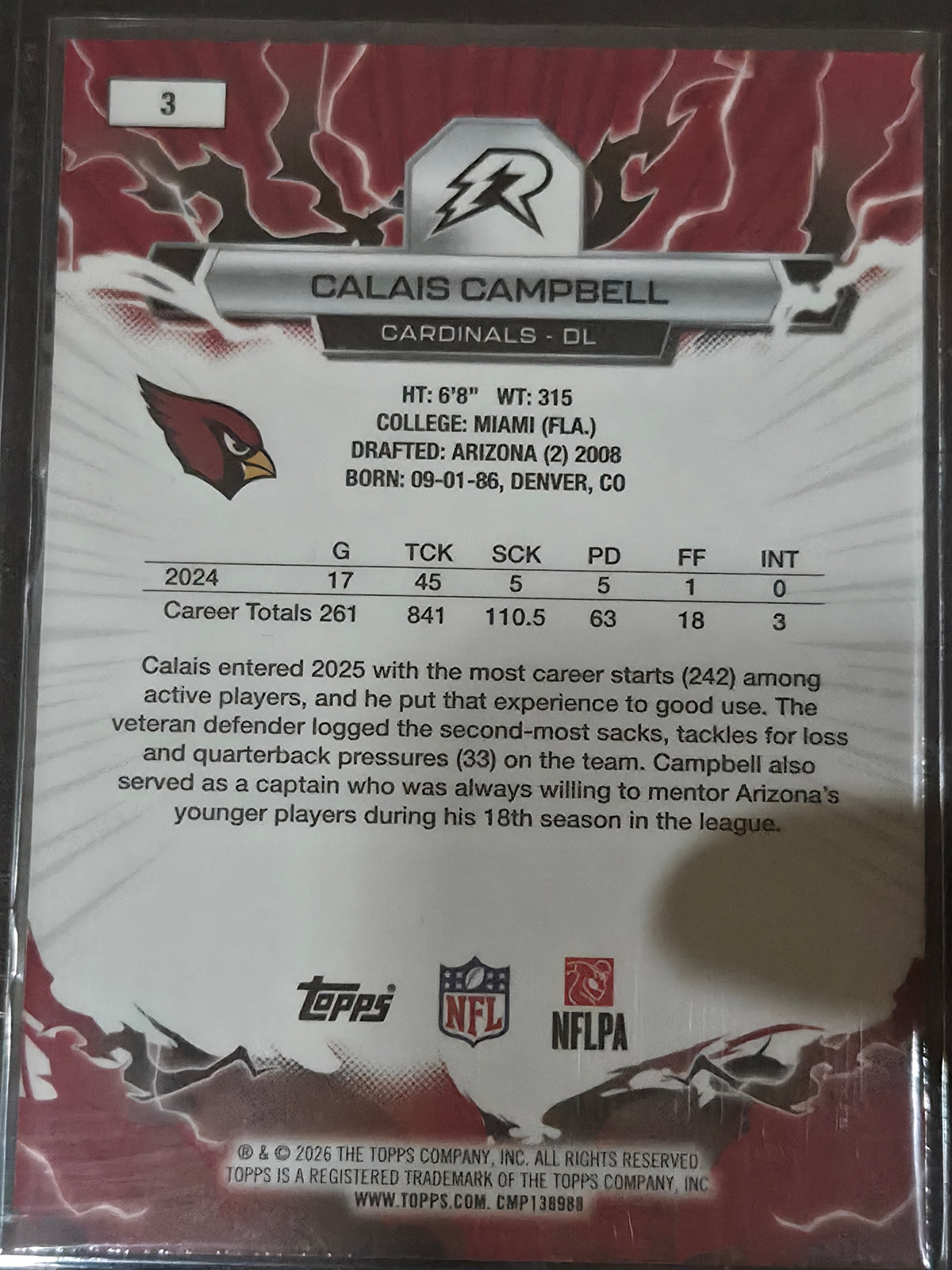 Calais Campbell Arizona Cardinals 2025 Topps Resurgence #3 SP Navy Surge /275