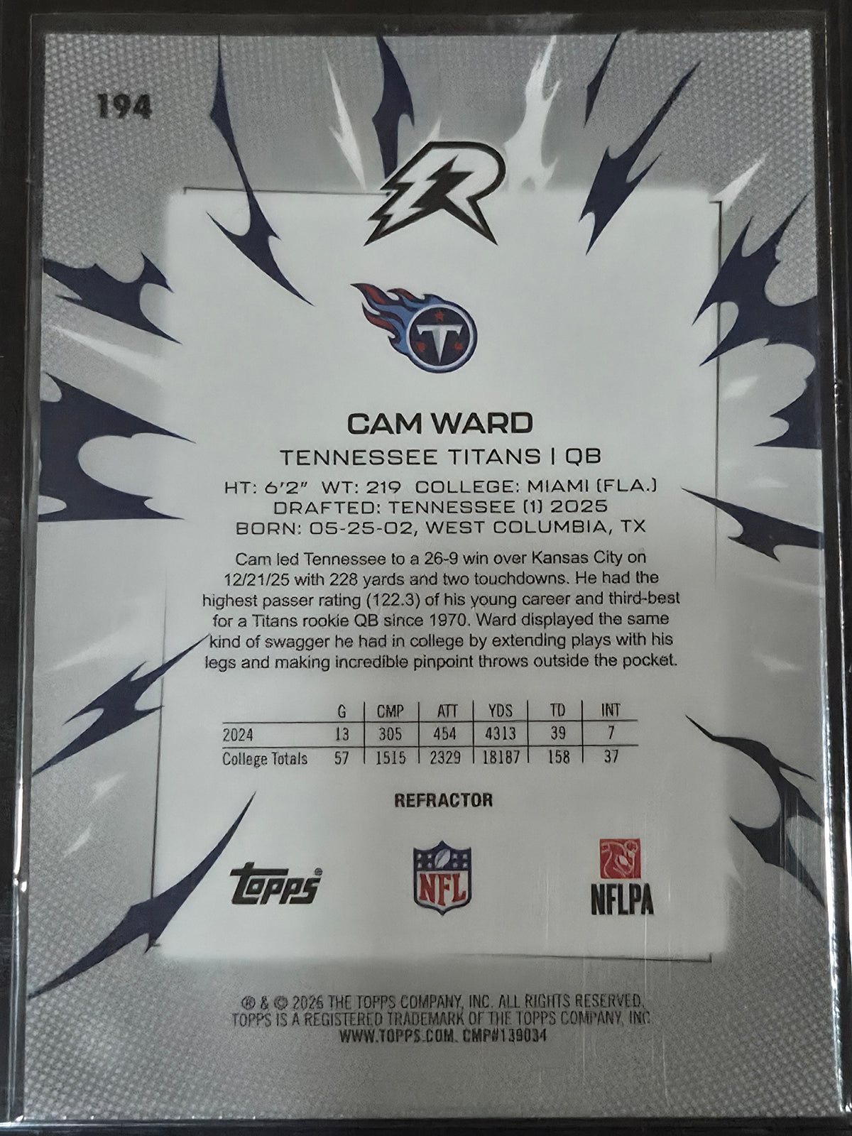 Cam Ward Tennessee Titans 2025 Topps Resurgence RC Rookie Refractor #194