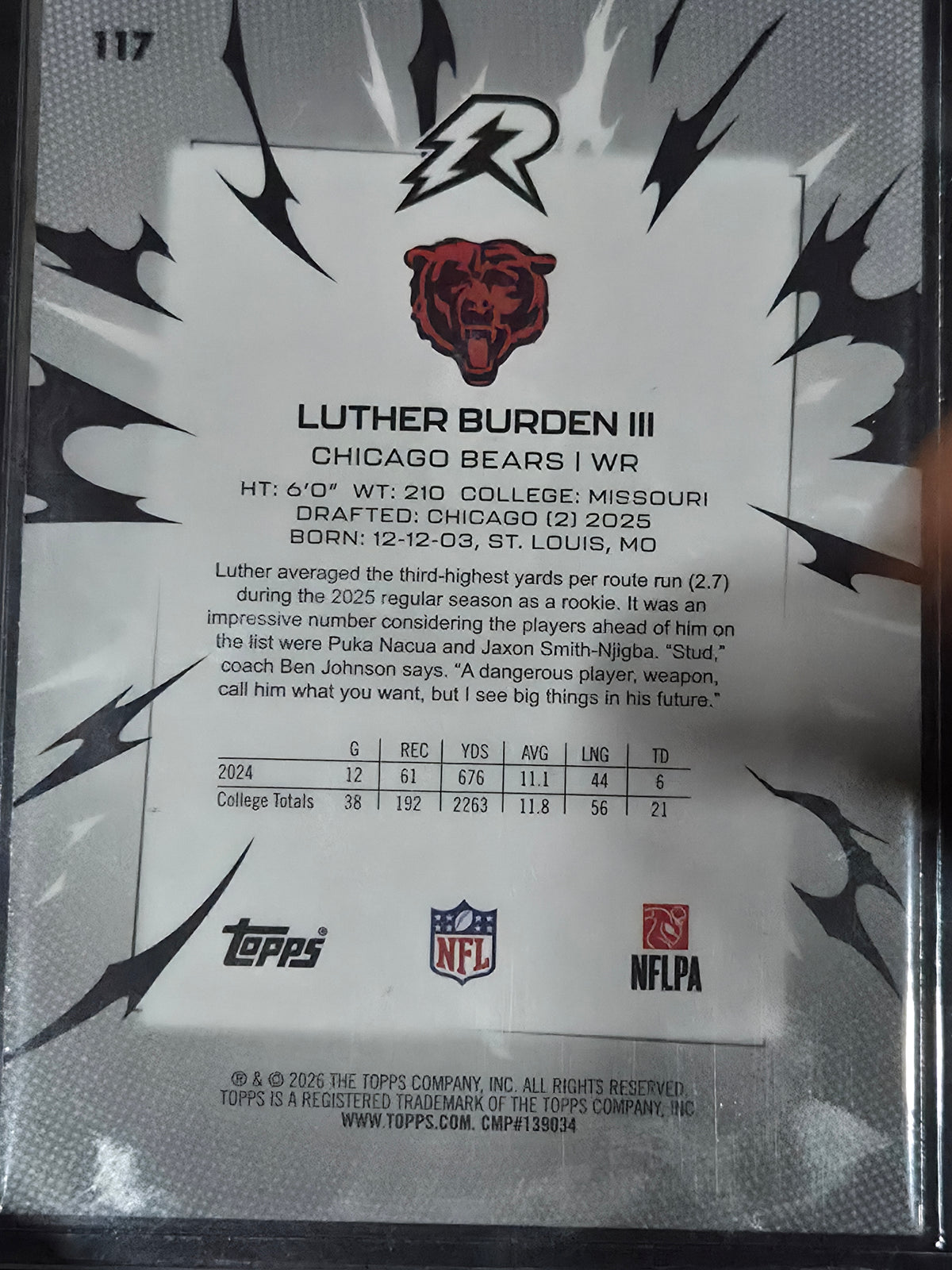 Luther Burden III Chicago Bears 2025 Topps Resurgence Blue/Orange Spark #117