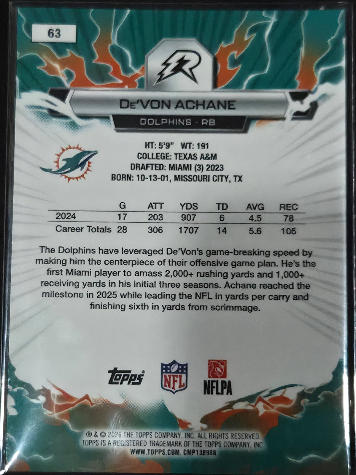 2025 Topps Resurgence Football De'Von Achane Blue/Orange #63