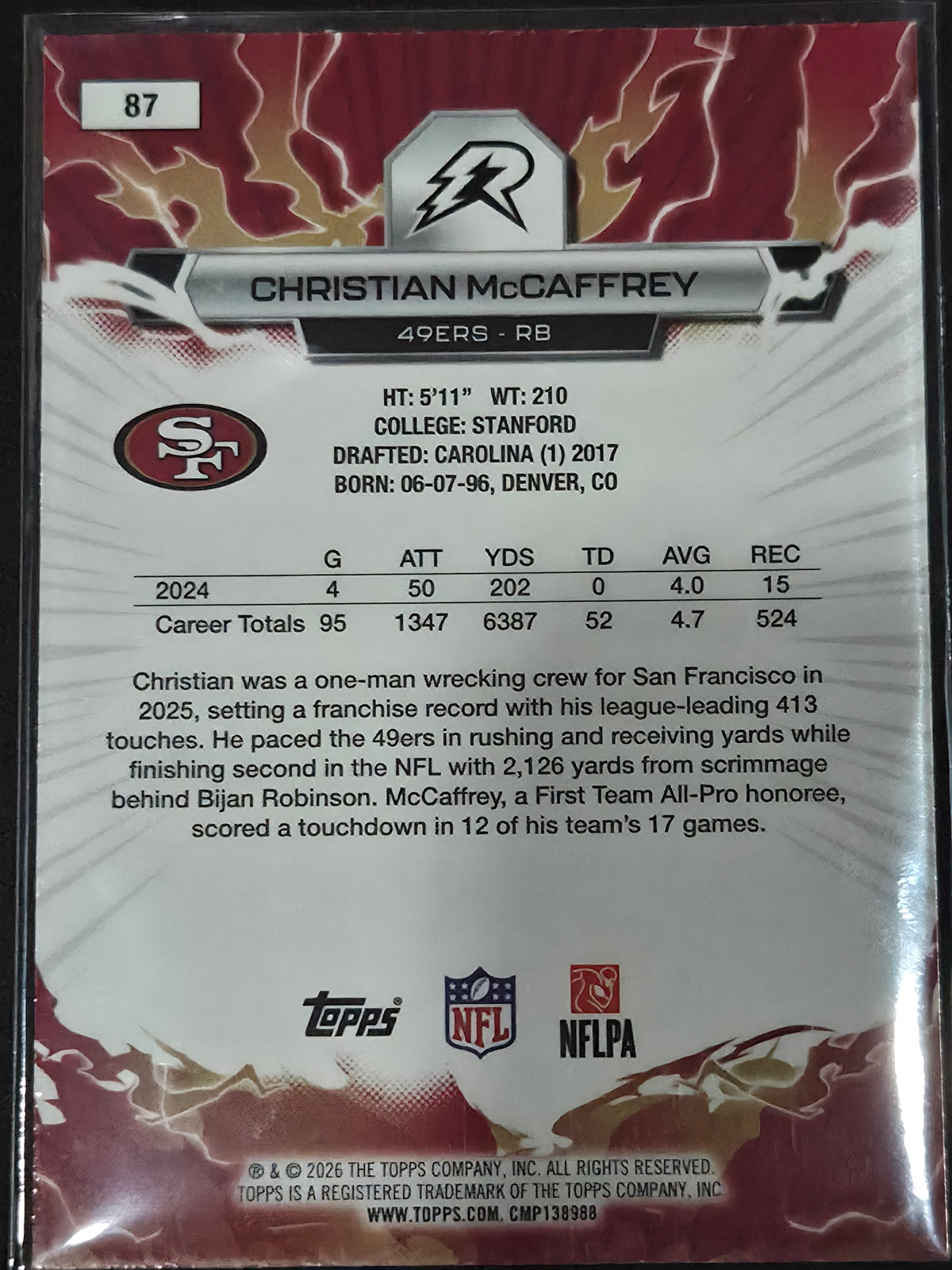 2025 Topps Resurgence Football Christian McCaffrey Hyper Refractor #87