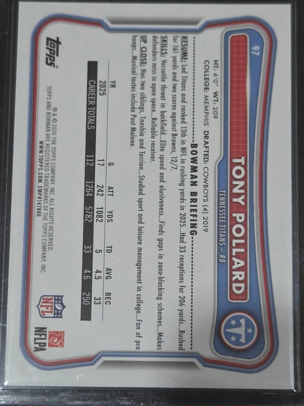 2026 Bowman #97 Tony Pollard True Blue /150