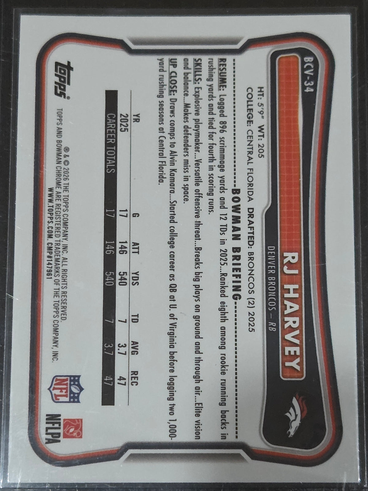 2026 Bowman #BCV-34 RJ Harvey Chrome Aqua Mojo Refractor /199