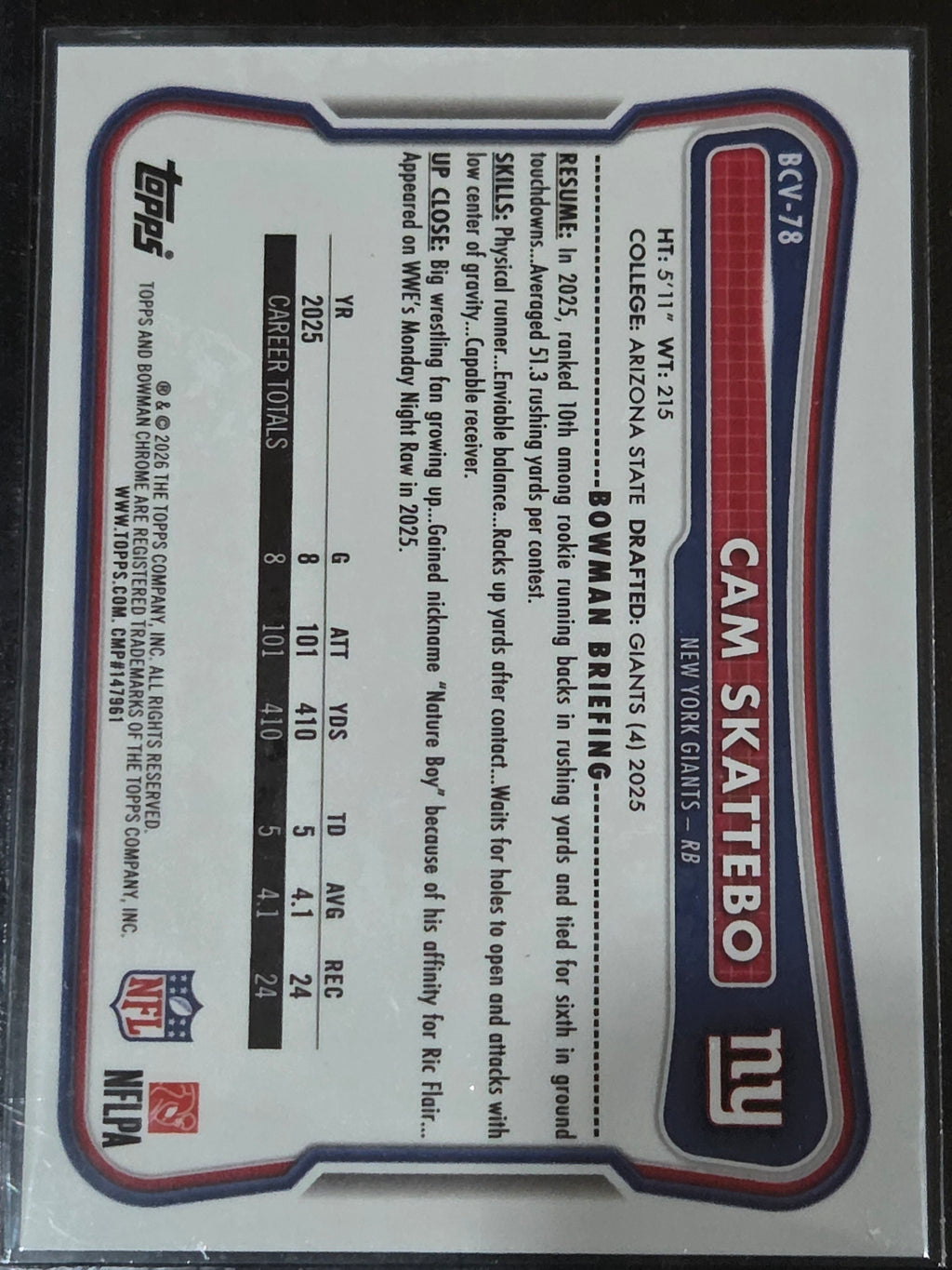 2026 Bowman #BCV-78 Cam Skattebo Chrome Yellow Mojo Refractor /275