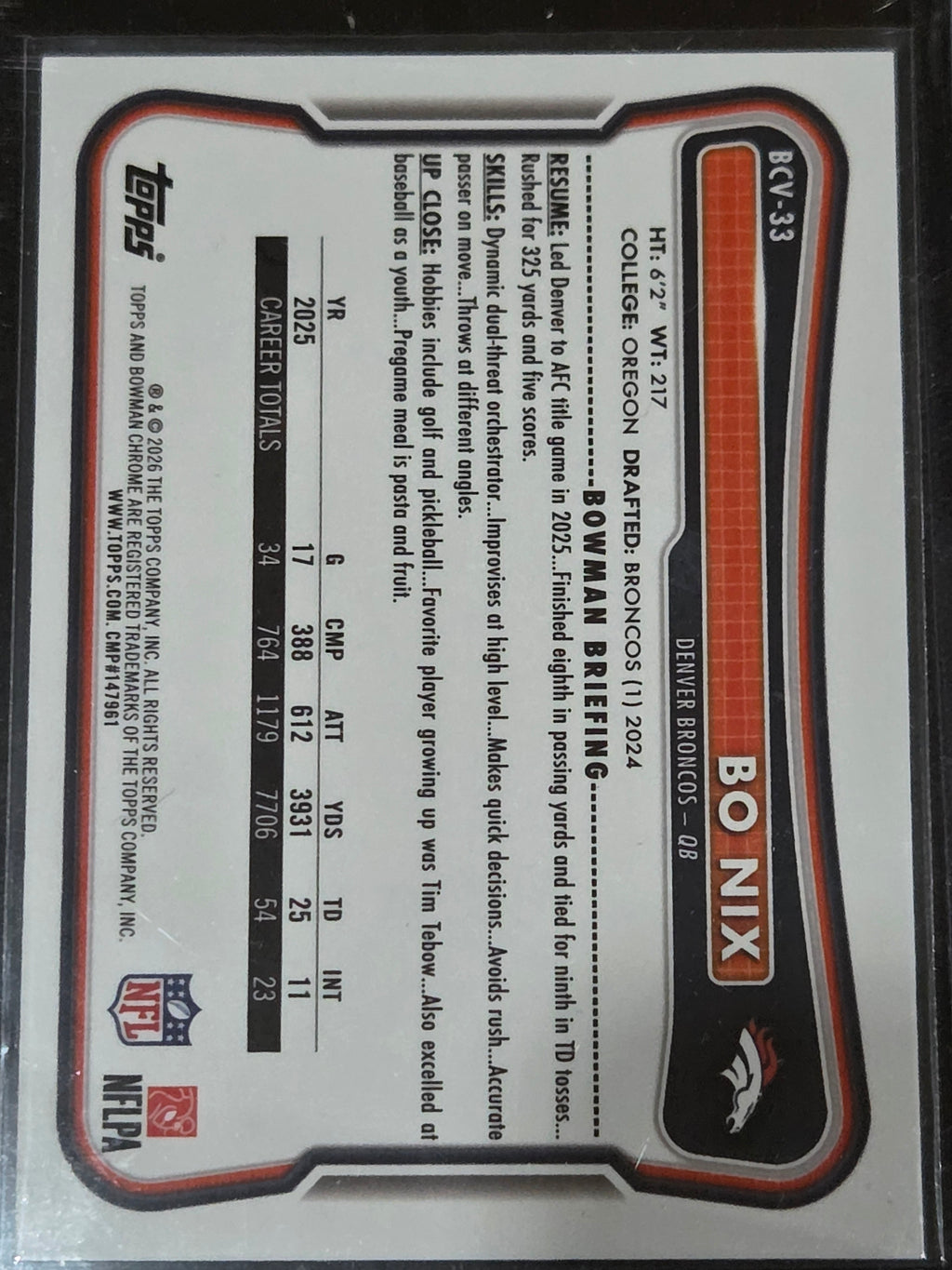 2026 Bowman #BCV-33 Bo Nix Chrome Blue Mojo Refractor /150