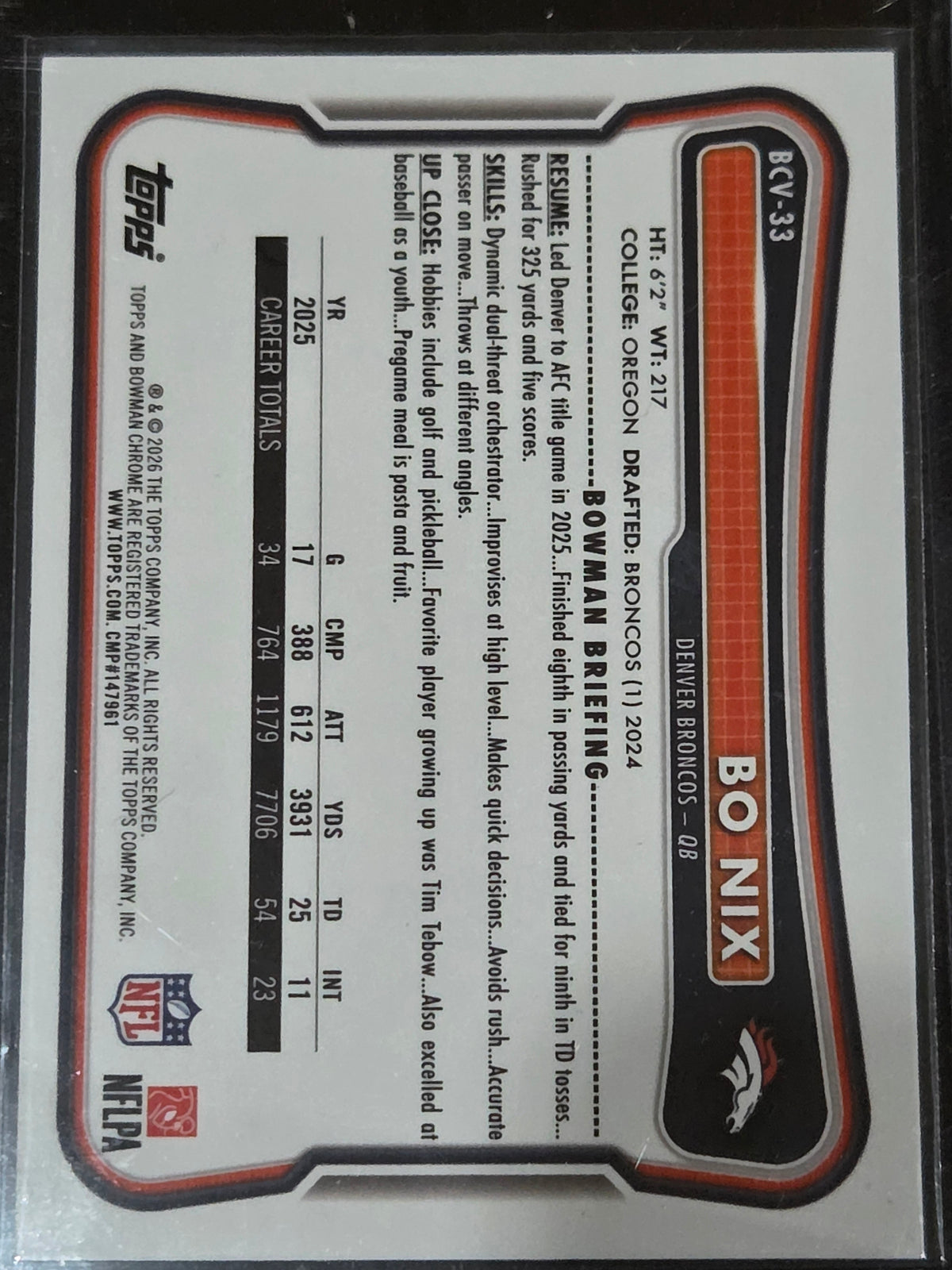 2026 Bowman #BCV-33 Bo Nix Chrome Blue Mojo Refractor /150