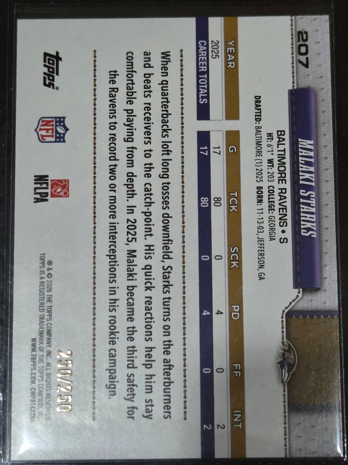 2026 Topps Flagship #207 Malaki Starks Purple & Blue 250/250 Bookend