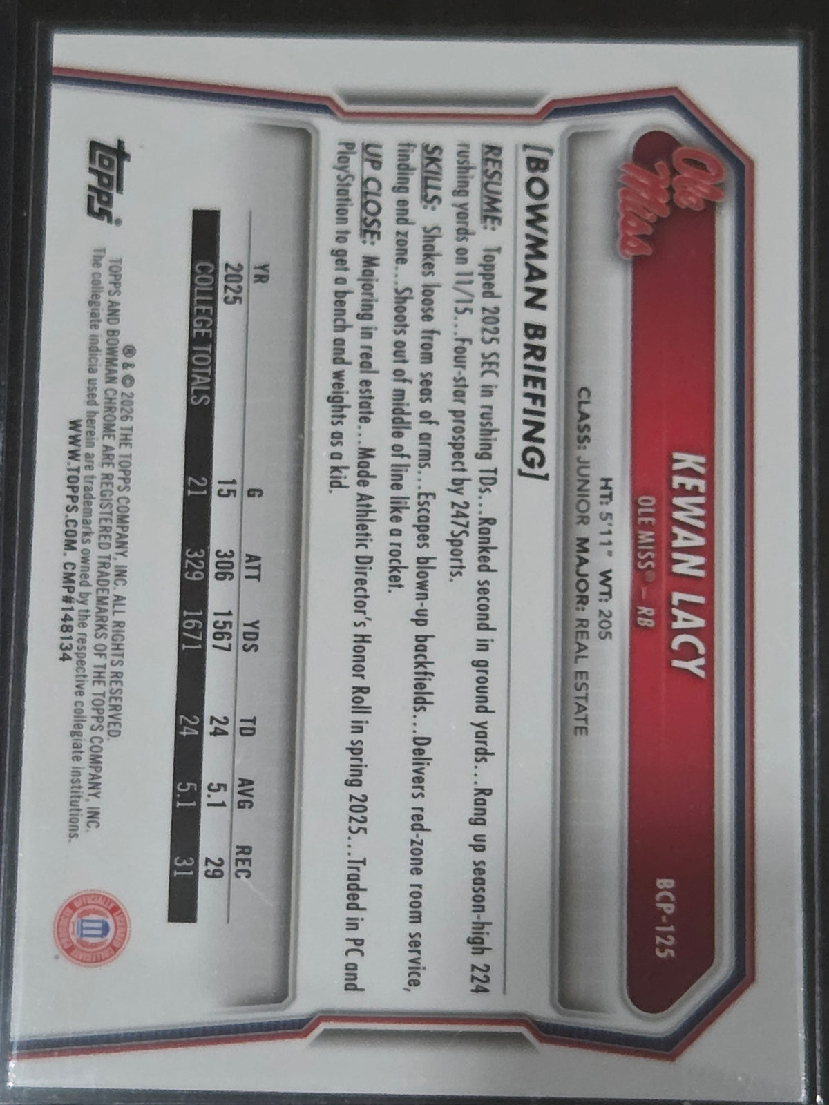 2026 Bowman #BCP-125 Kewan Lacy Chrome Prospects Speckle