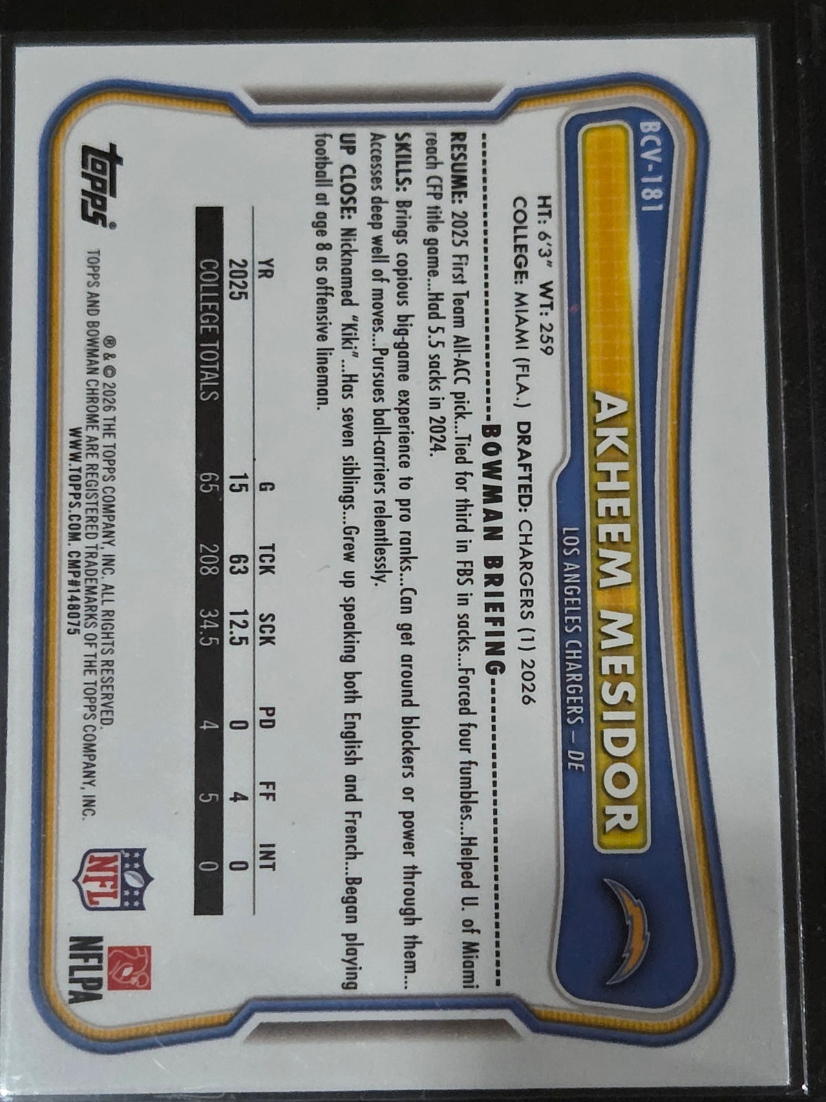2026 Bowman #BCV-181 Akheem Mesidor Chrome Speckle