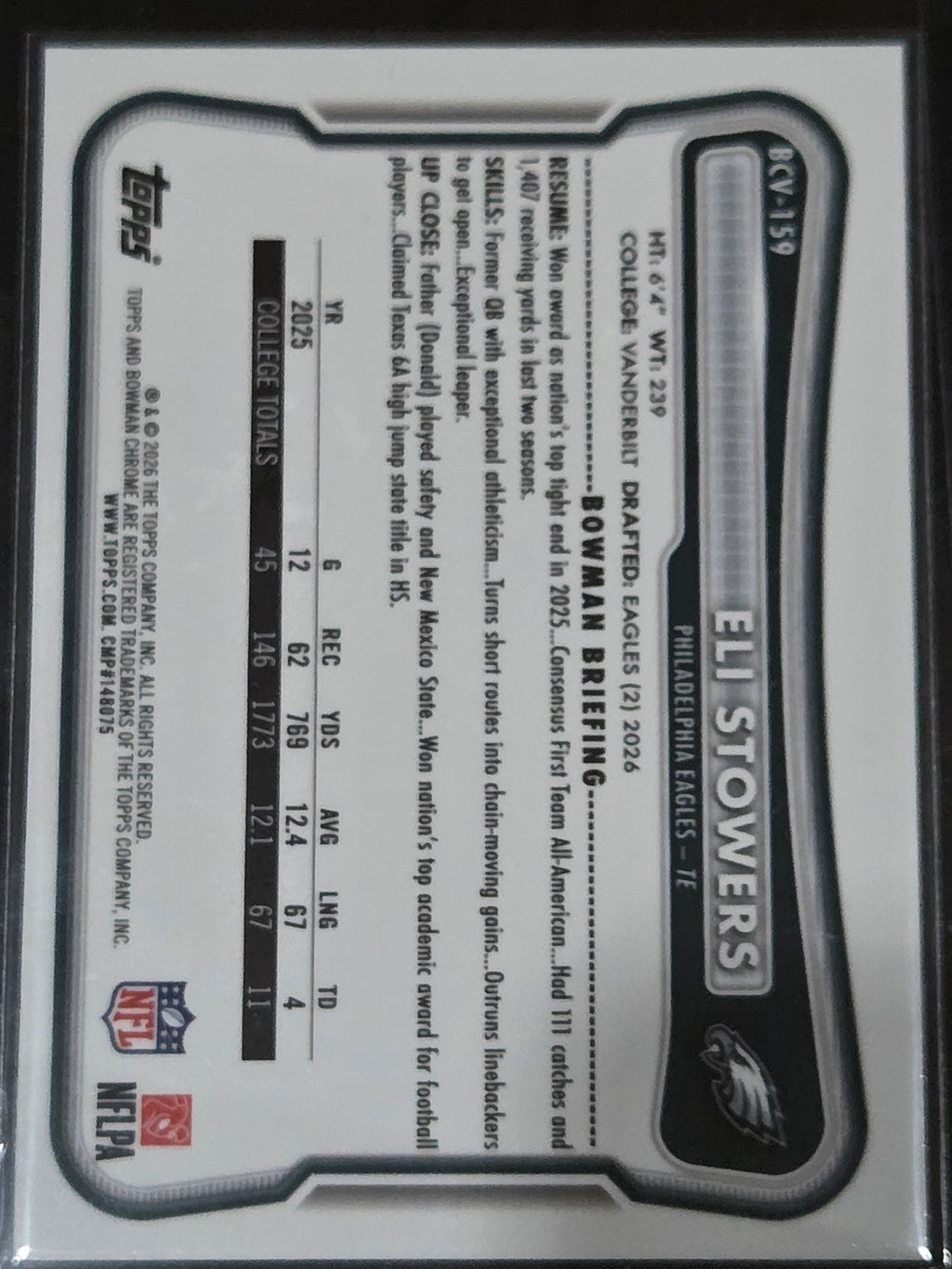 2026 Bowman #BCV-159 Eli Stowers Chrome Speckle