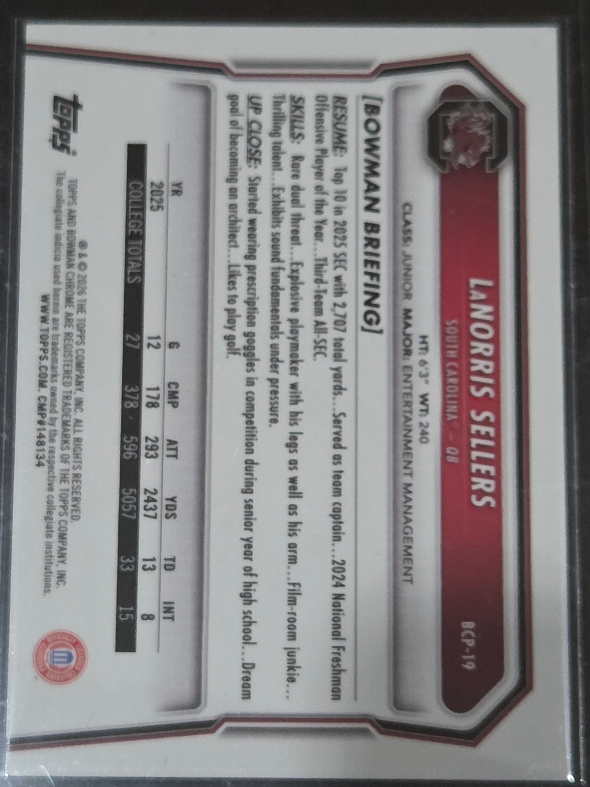 2026 Bowman #BCP-19 LaNorris Sellers Chrome Prospects Speckle