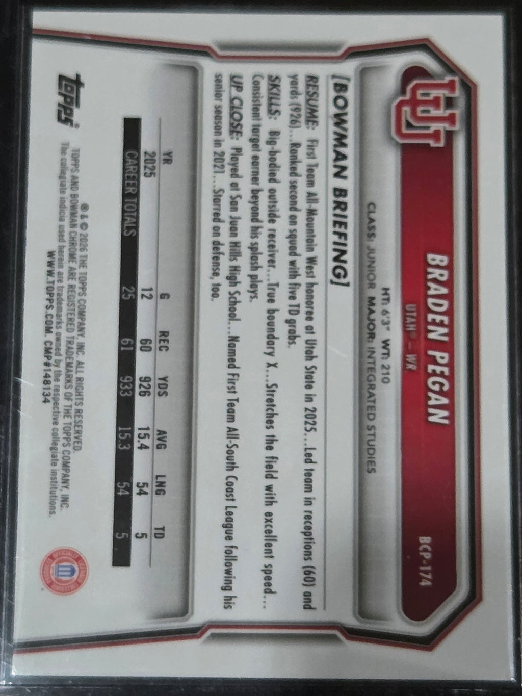 2026 Bowman #BCP-174 Braden Pegan Chrome Prospects Speckle