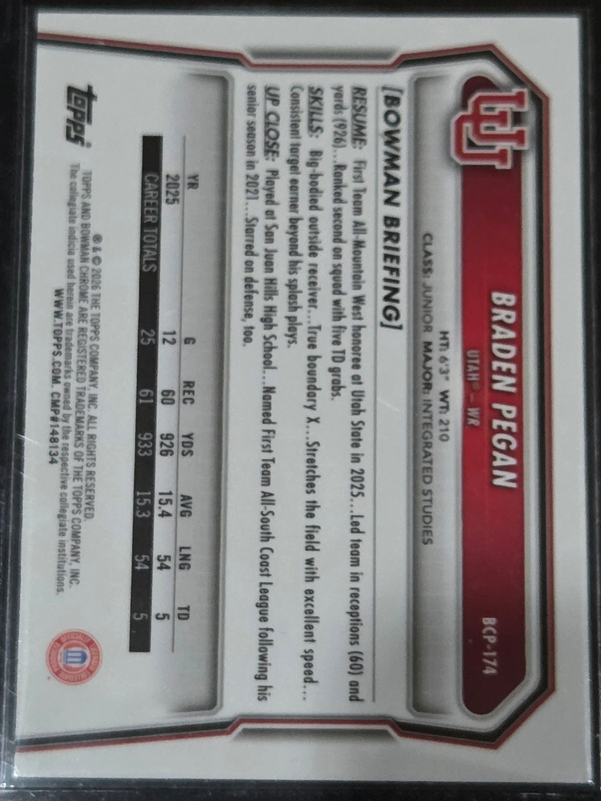 2026 Bowman #BCP-174 Braden Pegan Chrome Prospects Speckle